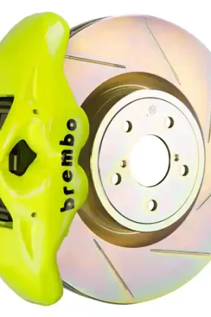Brembo GT Systems Monobloc 4 Piston 326mm Slotted Fluorescent Yellow Front - 2002-2014 Subaru WRX / 2002-2014 Subaru STI Free Returns