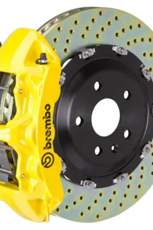 Place Order Brembo 05-07 Quattroporte Front GT BBK 6 Piston Cast 380x34 2pc Rotor Drilled-Yellow
