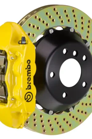 Same Day Shipping Brembo 11-16 528i Rear GT BBK 4 Piston Cast 345x28 2pc Rotor Drilled- Yellow