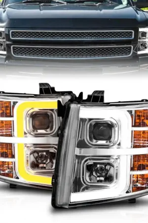 ANZO 2007-2013 Chevrolet Silverado 1500 Projector w/ Light Bar Chrome Housing w/ Sequential Free Returns