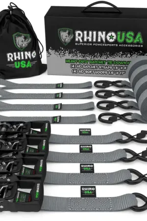 Rhino USA Heavy Duty Ratchet Tie-Down 4-Pack (Gray) 1.6In X 8Ft Fan Favorite
